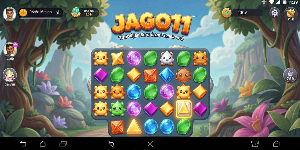 Screenshot utama JAGO11 menampilkan gameplay seru Match-3 dengan tantangan mencocokkan warna.