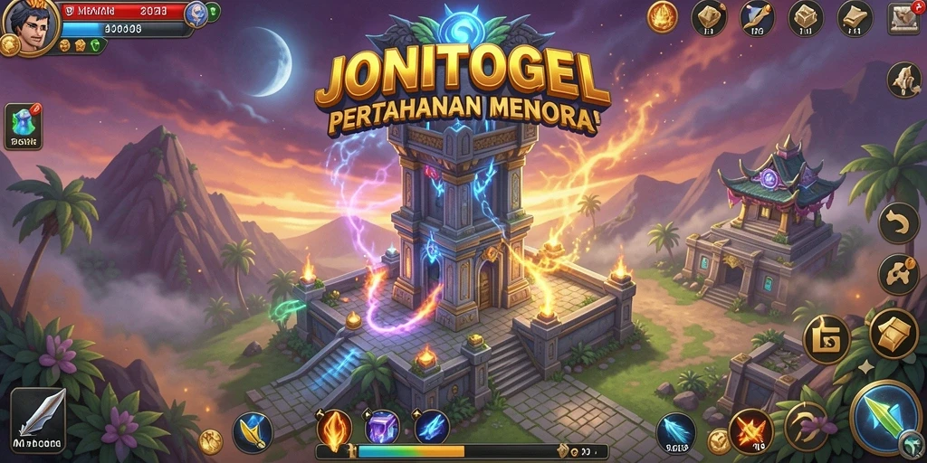 Tampilan utama gameplay JONITOGEL dengan menara pertahanan yang strategis.