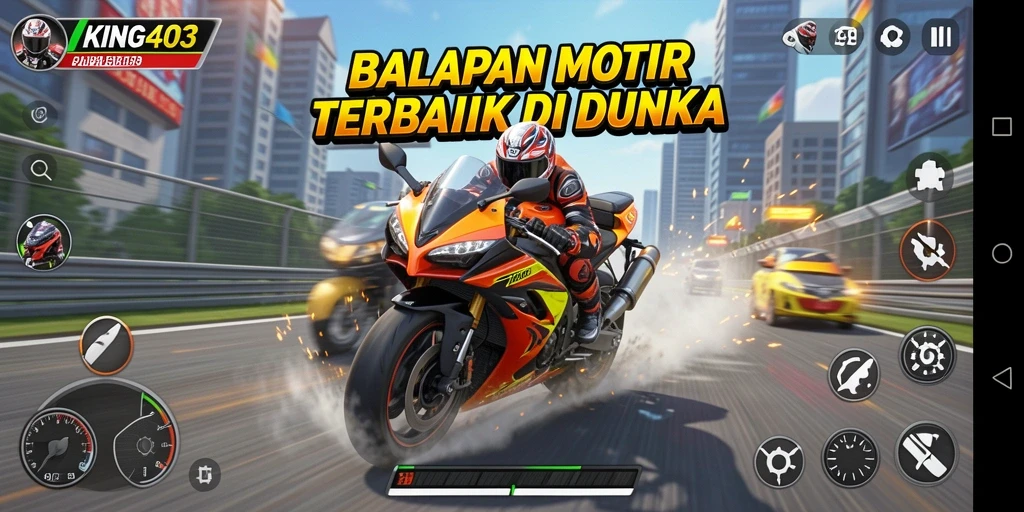 Screenshot KING403 menampilkan momen mendebarkan dalam balapan motor.