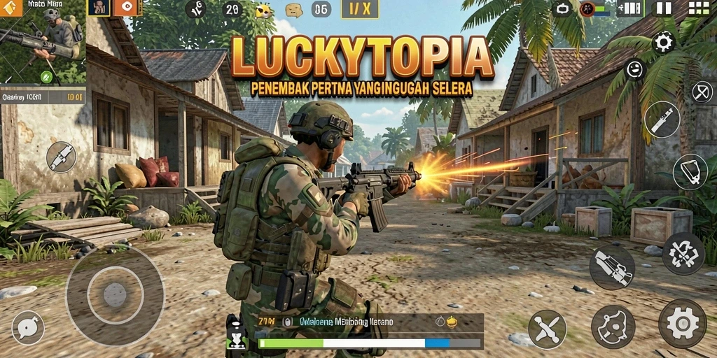 Tangkapan layar menampilkan aksi intens dalam LUCKYTOPIA.