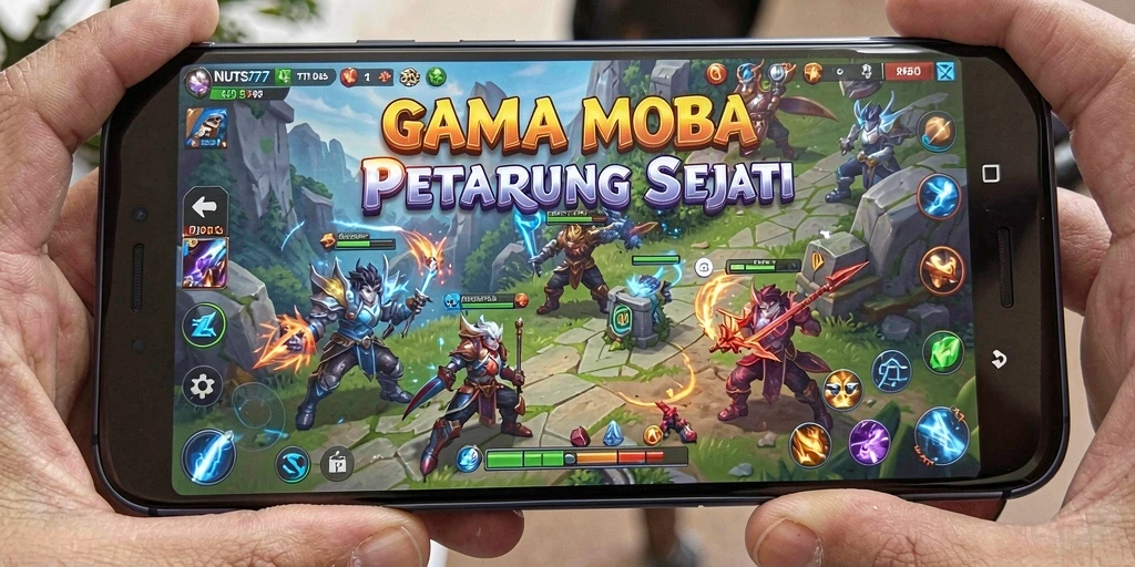 Tampilan gameplay NUTS777 dengan aksi MOBA yang seru