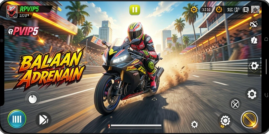 Tampilan gameplay RPVIP5 yang menegangkan saat balapan motor.