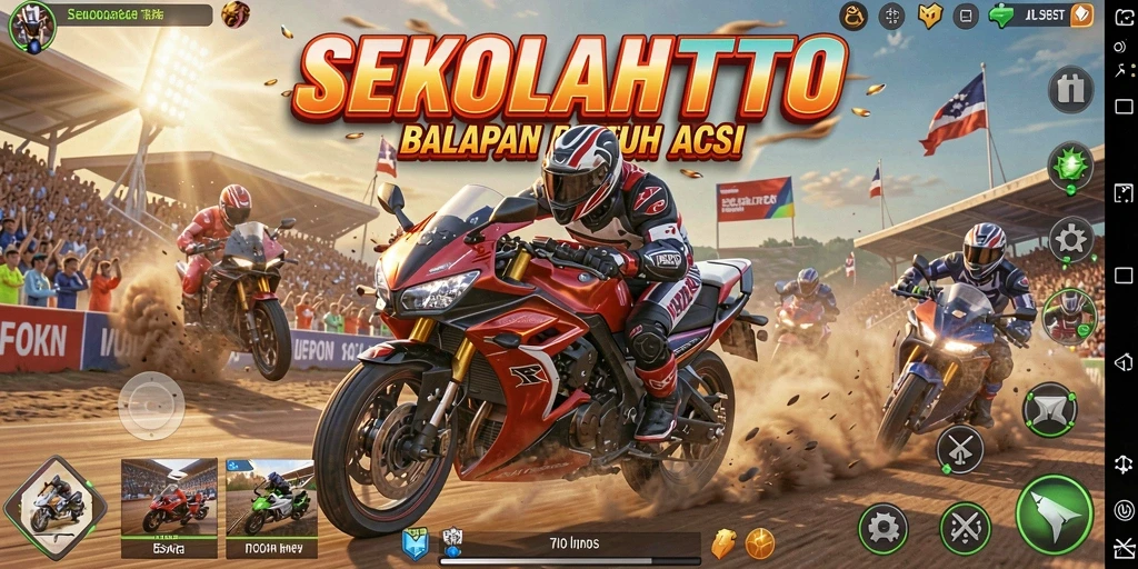 Tampilan gameplay balapan motor yang seru dalam SEKOLAHTOTO.